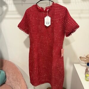 Red Tweed Mini Dress with Frayed Trim